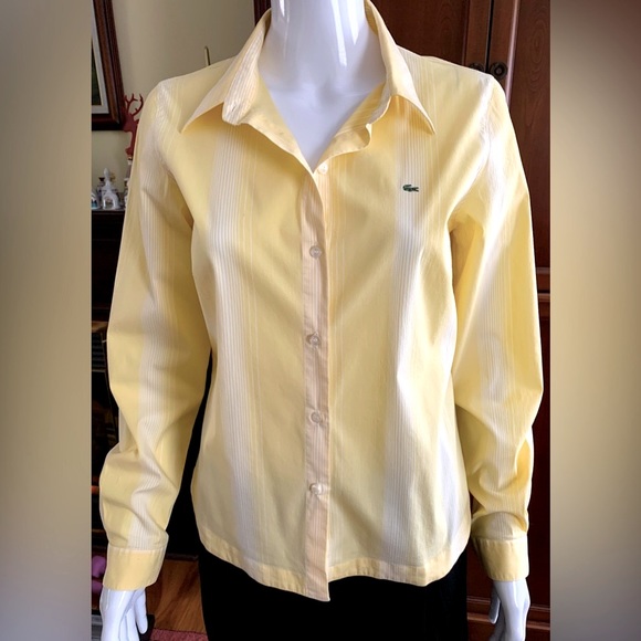 Lacoste yellow cotton woman dress shirt thin white stripes crocodile logo US 10 - Picture 4 of 15